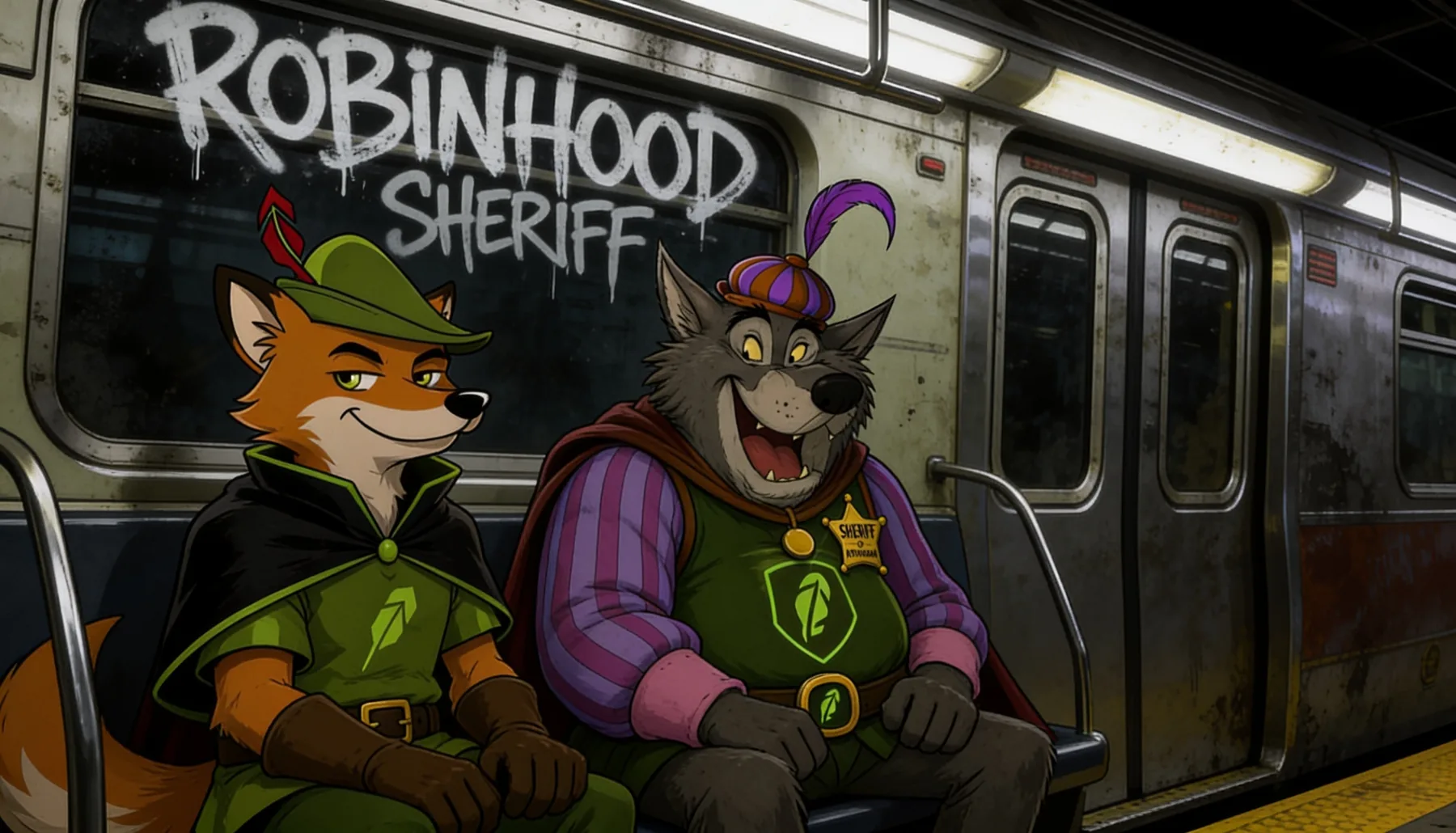 Robin Hood and the Sheriff riding the subway